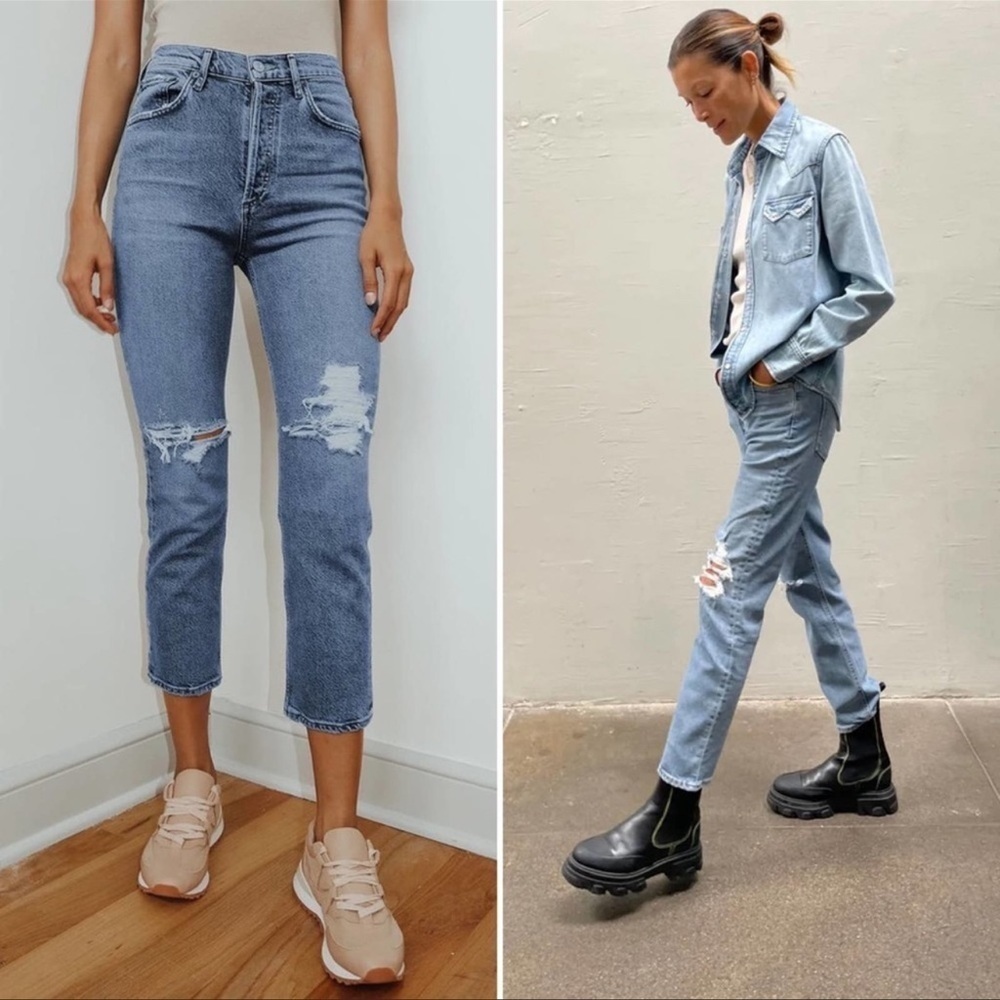 High Rise Button Fly Distressed Straight Jeans